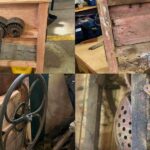 A collage of four photos of a corn husker that show the before and after of the restoration.